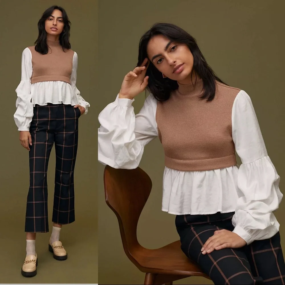 Anthropologie • Ruffled Layered Top tan sweater vest white puff sleeve blouse